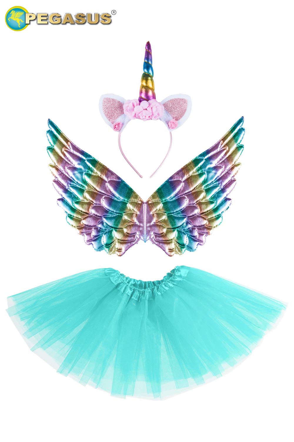 SET UNICORNO CELESTE 3PZ(CERCHIETTO,ALI E GONNA)